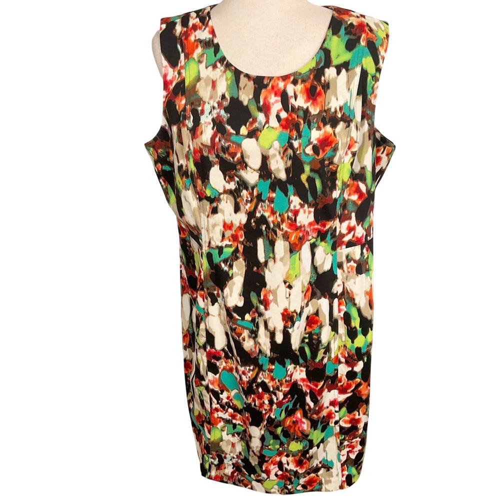 Calvin Klein Sheath Dress Womens Large Red Black Abstract Scuba Knit Stretch